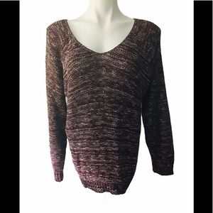 Susina V-neck back strap marled knit sweater.